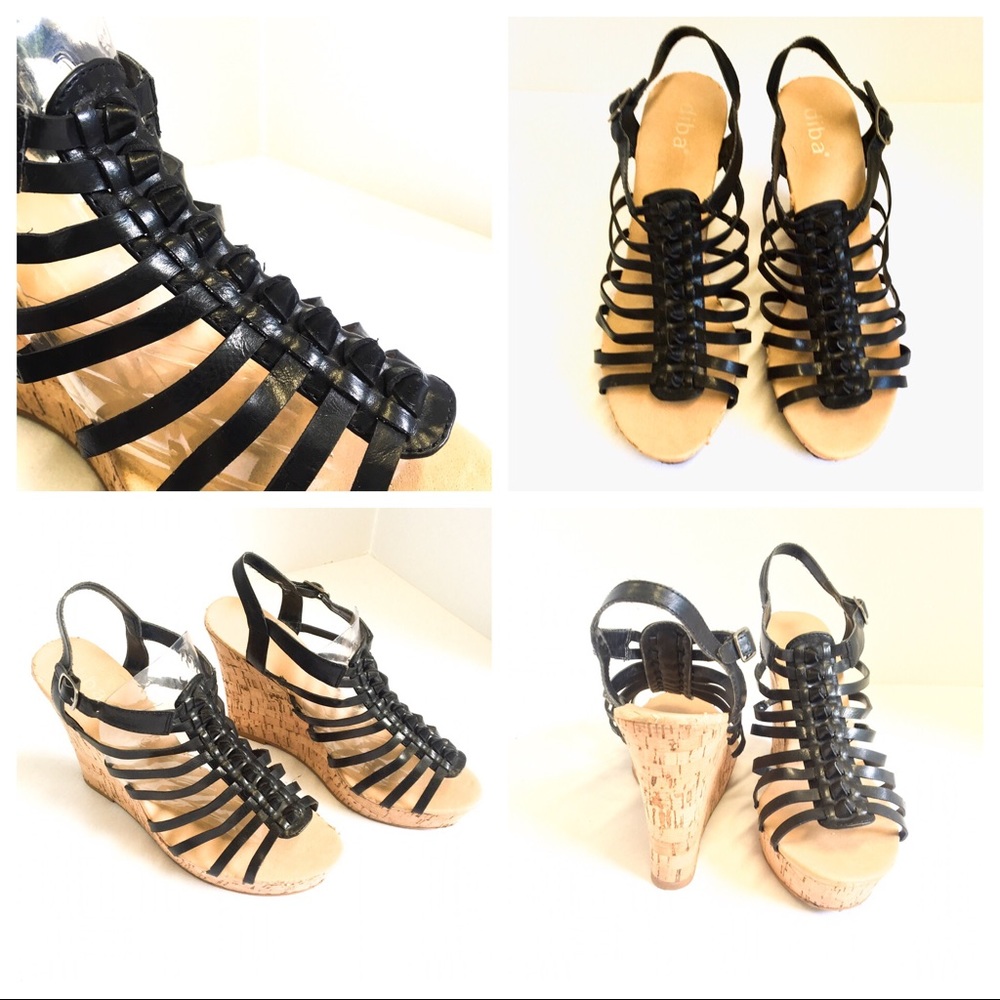 Diba Cork Runnning Hot Gladiator Black Wedges GUC - Picture 5 of 8